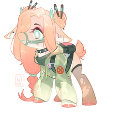 Size: 2577x2409 | Tagged: safe, alternate version, artist:liannell, oc, oc only, oc:kira (deer), deer, pony, backpack, badge, bag, bridle, choker, clothes, ear piercing, earring, eyeshadow, female, fishnet stockings, hairpin, high res, jacket, jewelry, lipstick, makeup, piercing, shirt, simple background, solo, spiked choker, t-shirt, tack, white background