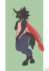 Size: 661x952 | Tagged: safe, artist:geier, oc, oc only, oc:rummy, changeling, anthro, unguligrade anthro, blushing, changeling oc, clothes, crotch bulge, embarrassed, jeans, male, open mouth, pants, red changeling, simple background, solo, tank top