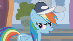 Size: 1366x768 | Tagged: safe, screencap, rainbow dash, pony, 2 4 6 greaaat, g4, angry, cap, coach rainbow dash, female, hat, mare, potted plant, rainbow douche, solo, upset, whistle