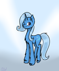 Size: 2500x3000 | Tagged: safe, artist:ostral, trixie, pony, unicorn, g4, chest fluff, female, gradient background, high res, looking at you, mare, one eye closed, smiling, solo, unshorn fetlocks
