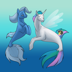 Size: 1000x1000 | Tagged: safe, artist:foxenawolf, trixie, oc, oc:mark wells, alicorn, seapony (g4), unicorn, fanfic:off the mark, g4, bedroom eyes, canon x oc, cutie mark, dorsal fin, duo, fanfic art, female, fin, fin wings, fins, fish tail, flowing mane, flowing tail, gradient background, horn, male, mare, markxie, ocean, seaponified, seapony trixie, shipping, smiling, species swap, straight, swimming, tail, underwater, water, wings
