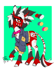 Size: 1240x1754 | Tagged: safe, artist:scarfyace, oc, oc only, oc:blackjack, hybrid, zebra, zebracorn, zony, fallout equestria, fallout equestria: project horizons, bell, clothes, collar, jacket, quadrupedal, redesign, stable 99