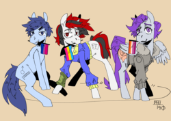 Size: 1754x1240 | Tagged: safe, artist:scarfyace, oc, oc only, oc:blackjack, oc:morning glory (project horizons), oc:p-21, earth pony, pegasus, pony, unicorn, fallout equestria, fallout equestria: project horizons, bisexual, clothes, female, jacket, lesbian, male, mare, pansexual, pipbuck, pride, pride flag, simple background, stallion
