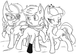 Size: 1820x1316 | Tagged: safe, artist:steelsoul, diamond tiara, silver spoon, oc, oc:himmel, pony, g4, canon x oc, clothes, confused, flirting, glasses, lineart, monochrome, scarf