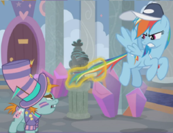 Size: 886x680 | Tagged: safe, edit, edited screencap, screencap, rainbow dash, snips, pony, 2 4 6 greaaat, g4, angry, cap, coach rainbow dash, craft, cropped, face paint, flag, frustrated, hat, pulling, sculpture, tail, tail pull, top hat, whistle