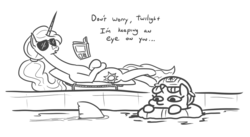 Size: 1030x563 | Tagged: safe, artist:jargon scott, princess celestia, twilight sparkle, shark, g4, book, cutie mark, dialogue, life preserver, monochrome, on back, sunglasses, sunscreen, swimming pool, this will end in death, this will end in tears, this will end in tears and/or death, twiggie, water