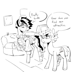Size: 2400x2400 | Tagged: safe, artist:scarfyace, oc, oc:blackjack, oc:p-21, earth pony, pony, unicorn, fallout equestria, fallout equestria: project horizons, bandage, couch, female, high res, how dare you?, male, mare, monochrome, pipbuck, stallion
