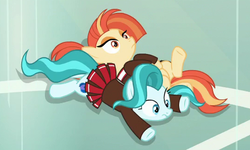 Size: 540x325 | Tagged: safe, screencap, lighthoof, shimmy shake, earth pony, pony, 2 4 6 greaaat, g4, clothes, cropped, cute, female, mare, on back, pleated skirt, ponytail, prone, school of friendship, skirt, technically an upskirt shot