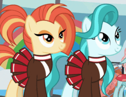 Size: 900x700 | Tagged: safe, screencap, lighthoof, ocellus, shimmy shake, changedling, changeling, earth pony, pony, 2 4 6 greaaat, g4, animated, clothes, cropped, cute, female, gif, mare, pleated skirt, ponytail, school of friendship, sigh, skirt