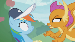 Size: 1366x768 | Tagged: safe, screencap, rainbow dash, smolder, pony, 2 4 6 greaaat, g4, angry, cap, coach rainbow dash, duo, face to face, food, hat, outdoors, popcorn, upset, worried