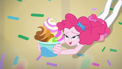 Size: 1912x1080 | Tagged: safe, screencap, pinkie pie, equestria girls, equestria girls series, g4, tip toppings, spoiler:choose your own ending (season 2), spoiler:eqg series (season 2), clothes, cup, female, froyo, frozen yogurt, help, legs, lying on the floor, pantyhose, skirt, solo, tank top