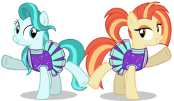 Size: 1387x802 | Tagged: safe, artist:raindashesp, lighthoof, shimmy shake, earth pony, pony, 2 4 6 greaaat, g4, cheerleader outfit, clothes, cute, duo, female, mare, pleated skirt, ponytail, raised hoof, simple background, skirt, transparent background