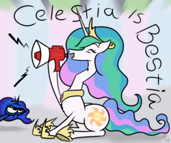 Size: 1600x1342 | Tagged: safe, artist:underwoodart, princess celestia, princess luna, alicorn, pony, g4, chest fluff, dialogue, duo, female, gift art, hoof hold, long neck, mare, megaphone, siblings, signature, simple background, sisters, sitting, text, updated