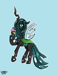 Size: 2000x2600 | Tagged: safe, artist:leslers, queen chrysalis, changeling, changeling queen, g4, cupcake, eating, female, food, high res, simple background, solo