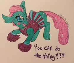 Size: 3569x3024 | Tagged: safe, artist:chibichangeling, ocellus, changedling, changeling, 2 4 6 greaaat, g4, season 9, cheerleader, cute, diaocelles, female, heart, heart eyes, high res, reformed, solo, text, traditional art, wingding eyes