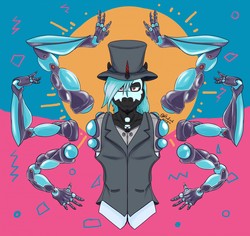 Size: 1280x1208 | Tagged: safe, artist:radicalweegee, oc, oc only, oc:lux arcana, unicorn, anthro, anthro oc, face paint, glowing horn, hat, horn, male, multiple arms, robotic arm, simple background, solo, stallion, top hat, waistcoat