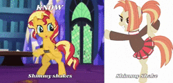 Size: 1326x636 | Tagged: safe, artist:surprisepi, edit, edited screencap, editor:starry mind, screencap, shimmy shake, sunset shimmer, earth pony, pony, unicorn, 2 4 6 greaaat, equestria girls, equestria girls specials, g4, my little pony equestria girls: mirror magic, animated, bipedal, book, caption, cheerleader, clothes, cropped, cute, duo, duo female, female, flailing, flexible, image macro, in the human world for too long, know the difference, lidded eyes, losing balance, majestic as fuck, mare, meme, no sound, partially transparent background, pleated skirt, ponytail, raised hoof, raised leg, request, saddle bag, shakeabetes, shimmerbetes, skirt, smiling, stumbling, sweater, text, twilight's castle, vector, wall of tags, weapons-grade cute, webm