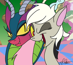 Size: 980x880 | Tagged: safe, artist:andypriceart, edit, idw, cosmos, discord, draconequus, g4, spoiler:comic, chaos, digital, discorded landscape, eris, half r63 shipping, rule 63, shipping, smiling