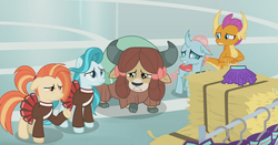 Size: 1366x716 | Tagged: safe, screencap, lighthoof, ocellus, shimmy shake, smolder, yona, changedling, changeling, dragon, earth pony, pony, yak, 2 4 6 greaaat, g4, bow, cheerleader outfit, clothes, clothes hanger, cloven hooves, dragoness, female, gym, hair bow, hay, hay bale, mare, nervous, pleated skirt, pom pom, ponytail, raised hoof, sad, skirt, worried