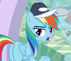 Size: 716x613 | Tagged: safe, screencap, rainbow dash, pegasus, pony, 2 4 6 greaaat, g4, butt, cap, coach rainbow dash, cropped, female, hat, looking back, mare, open mouth, plot, raised hoof, solo