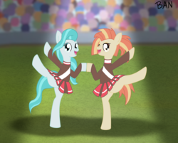 Size: 2722x2186 | Tagged: safe, artist:banquo0, lighthoof, shimmy shake, pony, 2 4 6 greaaat, g4, buckball, cheering, cheerleader, clothes, cute, duo, high res, one eye closed, pleated skirt, ponytail, skirt, skirt lift, wink