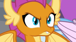 Size: 806x454 | Tagged: safe, edit, edited screencap, screencap, silverstream, smolder, dragon, g4, school raze, angry, animated, cyan eyes, dragoness, female, furious, gif, gritted teeth, horns, insulted, nostrils, slit pupils, smoke, smolder is not amused, solo focus, teenaged dragon, teenager, unamused