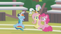 Size: 1366x768 | Tagged: safe, screencap, ambrosia, cindy block, fluttershy, pinkie pie, rainbow dash, pony, 2 4 6 greaaat, g4, bleachers, cap, coach rainbow dash, field, hammer, hat, laughing, outdoors, plank, whistle