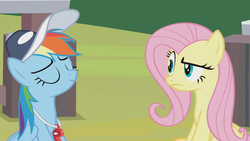 Size: 1366x768 | Tagged: safe, screencap, fluttershy, rainbow dash, pegasus, pony, 2 4 6 greaaat, g4, cap, coach, coach rainbow dash, duo, eyes closed, female, folded wings, frown, hat, mare, raised eyebrow, sarcastic, skeptical, smiling, smirk, smug, whistle, wings