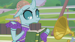 Size: 1366x768 | Tagged: safe, screencap, ocellus, 2 4 6 greaaat, g4, bleachers, book, cheerleader, cheerleader ocellus, cheerleader outfit, clothes, female, gramophone, looking down, nervous, pom pom, solo
