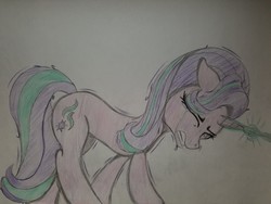 Size: 2016x1512 | Tagged: safe, artist:straighttothepointstudio, edit, starlight glimmer, pony, unicorn, g4, colored, crying, eyes closed, female, magic, sad, shivering, solo, tears of pain, traditional art