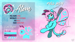 Size: 3840x2160 | Tagged: safe, artist:sugar morning, oc, oc only, oc:atom, mothpony, original species, pony, colorful, commission, high res, male, reference sheet, solo, stallion, text