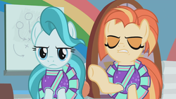 Size: 1366x766 | Tagged: safe, screencap, lighthoof, shimmy shake, earth pony, pony, 2 4 6 greaaat, g4, angry, cheerleader, cheerleader outfit, clothes, duo, eyes closed, eyeshadow, female, gym, makeup, mare, pleated skirt, rainbow, raised hoof, skirt, upset