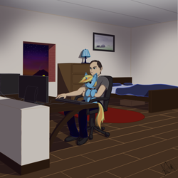 Size: 2048x2048 | Tagged: safe, artist:skydreams, oc, oc:skydreams, human, pony, unicorn, apartment, bed, collar, computer, desk, dresser, female, gaming, high res, human male, human on pony snuggling, lamp, male, mare, pet, pet play, pony pet, smol, snuggling, sunset, video game