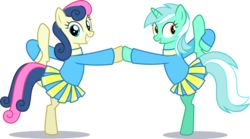 Size: 2005x1116 | Tagged: safe, artist:phucknuckl, bon bon, lyra heartstrings, sweetie drops, earth pony, pony, unicorn, 2 4 6 greaaat, g4, cheerleader, cheerleader outfit, clothes, female, mare, simple background, skirt, smiling, transparent background