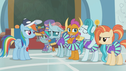 Size: 1364x766 | Tagged: safe, screencap, lighthoof, ocellus, rainbow dash, shimmy shake, smolder, snips, pony, 2 4 6 greaaat, g4, cap, chalkboard, cheerleader, cheerleader ocellus, cheerleader outfit, cheerleader smolder, chest, clothes, coach rainbow dash, crossed arms, face paint, flag, gym, hat, pleated skirt, ponytail, quitting, skirt, top hat, upset