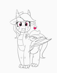Size: 3071x3975 | Tagged: safe, artist:pabbley, rainbow dash, dracony, dragon, hybrid, g4, dragonified, fangs, female, floppy ears, heart, high res, looking at you, monochrome, partial color, rainbow dragon, simple background, smiling, solo, species swap, white background