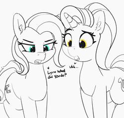 Size: 3000x2851 | Tagged: safe, artist:pabbley, bon bon, lyra heartstrings, sweetie drops, earth pony, pony, unicorn, g4, alternate hairstyle, dialogue, duo, female, high res, mare, monochrome, open mouth, partial color, question, simple background, white background