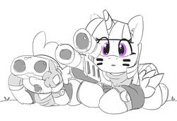 Size: 4094x2801 | Tagged: safe, artist:pabbley, spike, twilight sparkle, alicorn, dragon, pony, g4, binoculars, clothes, duo, fangs, female, gloves, gun, lying down, male, mare, monochrome, open mouth, partial color, rifle, sniper, sniper and spotter, sniper rifle, spotter, twilight sparkle (alicorn), watch, weapon