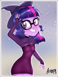 Size: 1800x2374 | Tagged: safe, artist:artmlpk, sci-twi, twilight sparkle, equestria girls, g4, alternate hairstyle, armpits, blushing, clothes, costume, cute, design, female, halloween, halloween costume, hat, holiday, looking at you, short hair, solo, twiabetes, witch costume, witch hat