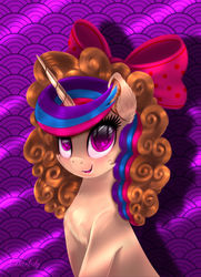 Size: 4550x6300 | Tagged: safe, artist:darksly, oc, oc only, oc:sweet hearts, pony, unicorn, absurd resolution, bow, commission, curly hair, female, hair bow, mare, open mouth, purple background, simple background, smiling, solo