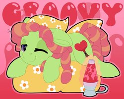 Size: 2048x1639 | Tagged: safe, artist:partypievt, tree hugger, earth pony, pony, g4, bandana, beanbag chair, dreadlocks, female, groovy, high, lava lamp, looking at you, mare, one eye closed, print, sleepy, solo, wink