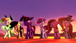 Size: 1280x720 | Tagged: safe, artist:theinvertedshadow, applejack, fluttershy, pinkie pie, rainbow dash, rarity, twilight sparkle, alicorn, cyborg, earth pony, pegasus, pony, unicorn, elements of insanity, g4, 3d, anti-hero, anti-heroine, applepills, aura, brutalight sparcake, brutalight sparcake is not amused, disgusted, female, fluttershout, hat, mane six, mare, pill bottle, pills, pinkis cupcake, rainbine, rainbine ears, rarifruit, source filmmaker, tomboy, tongue out, top hat, twilight sparkle (alicorn)
