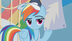 Size: 1356x768 | Tagged: safe, screencap, rainbow dash, pegasus, pony, 2 4 6 greaaat, g4, cap, coach, coach rainbow dash, female, folded wings, gym, hat, indifferent, insensitivity, lidded eyes, lip bite, mare, rainbow douche, raised eyebrow, raised hoof, solo, whistle, wings