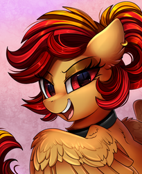 Size: 1446x1764 | Tagged: safe, artist:pridark, oc, oc only, oc:roguish, pony, bust, commission, female, mare, open mouth, portrait, smiling, solo