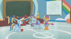Size: 1364x766 | Tagged: safe, screencap, ocellus, rainbow dash, smolder, snips, changedling, changeling, dragon, pegasus, pony, 2 4 6 greaaat, g4, angry, ball, baseball cap, bucktooth, cap, chalkboard, cheerleader, cheerleader ocellus, cheerleader outfit, cheerleader smolder, chest, claws, clothes, coach rainbow dash, colt, curved horn, dragoness, eyes closed, face paint, female, flag, folded wings, gritted teeth, gym, hat, horn, horns, male, mare, pleated skirt, rainbow, skirt, surprised, teacher and student, teenaged dragon, teenager, toes, top hat, upset, whistle, whistle necklace, wings