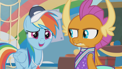 Size: 1360x766 | Tagged: safe, screencap, rainbow dash, smolder, dragon, pegasus, pony, 2 4 6 greaaat, g4, cap, cheerleader, cheerleader outfit, cheerleader smolder, clothes, coach, coach rainbow dash, dragoness, duo, female, folded wings, frown, hat, horns, indifferent, insensitivity, mare, not cool, open mouth, raised eyebrow, smiling, smolder is not amused, teacher and student, teenaged dragon, teenager, unamused, whistle