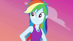 Size: 800x450 | Tagged: safe, screencap, rainbow dash, equestria girls, g4, my little pony equestria girls: choose your own ending, wake up!, wake up!: rainbow dash, animated, clothes, cute, dashabetes, eyeroll, female, geode of super speed, magical geodes, oy vey, sleeveless, solo, tank top