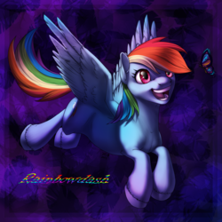 Size: 1200x1200 | Tagged: safe, artist:whitespades, rainbow dash, butterfly, pegasus, pony, g4, abstract background, cutie mark, female, flying, happy, mare, open mouth, solo