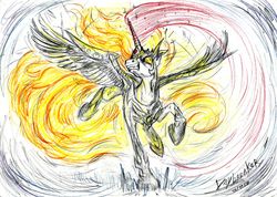 Size: 1024x730 | Tagged: safe, artist:annitart, daybreaker, alicorn, pony, g4, female, glowing horn, gritted teeth, horn, jewelry, landing, limited color, mare, raised hoof, regalia, shockwave, sketch, solo, spread wings, wings