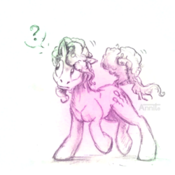 Size: 571x571 | Tagged: safe, artist:annitart, pinkie pie, earth pony, pony, g4, cutie mark, female, limited color, mare, partial color, question mark, raised hoof, simple background, sketch, solo, speech bubble, traditional art, white background